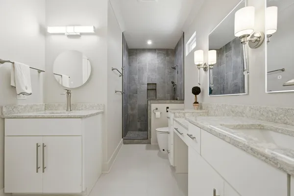 a large kitchen with lots of counter space