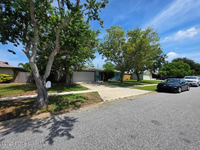 a view of a house with backyard and a tree