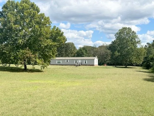 a view of a swimming pool and trees in the background