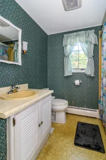 a bathroom with a sink a toilet and mirror