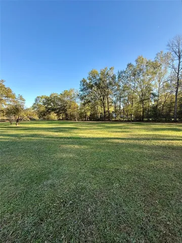 a view of a field with trees in the background
