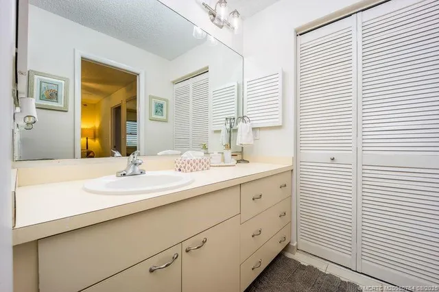 a bathroom with a sink a mirror and a shower