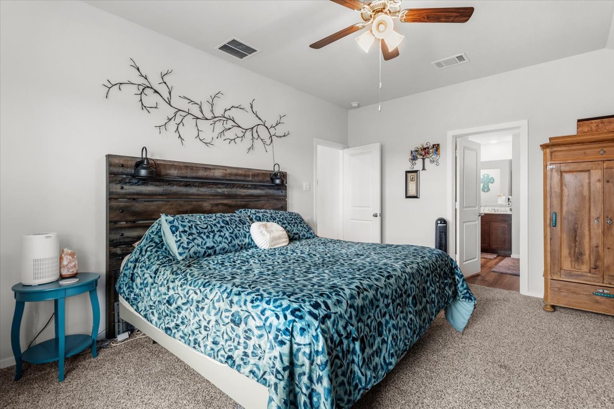 402 Perry Place Rockdale, TX 76567 - Photo 14 of 31 Carpeted bedroom with ceiling fan and ensuite bathroom