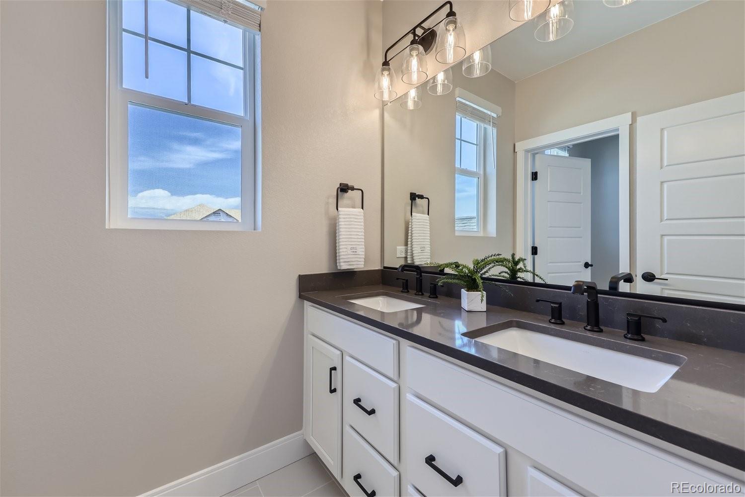 12864 Pinnacle Firestone, CO 80504 - Photo 15 of 29 a bathroom with a double vanity sink and a mirror