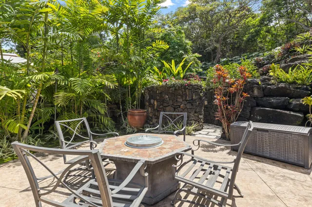 a view of a patio with table and chairs potted plants and a large tree