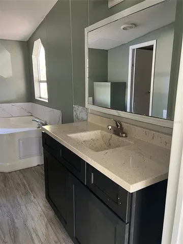 a bathroom with a sink and a mirror