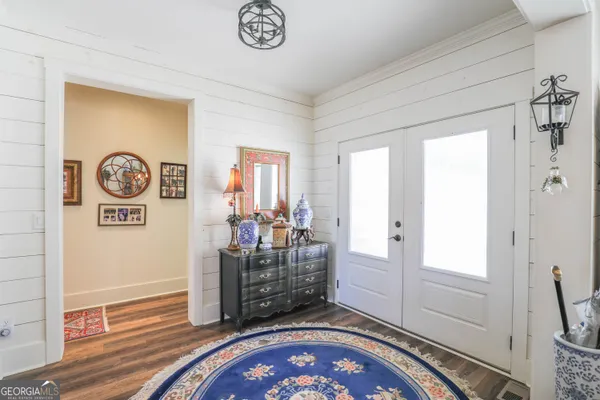 a view of a hallway with workspace