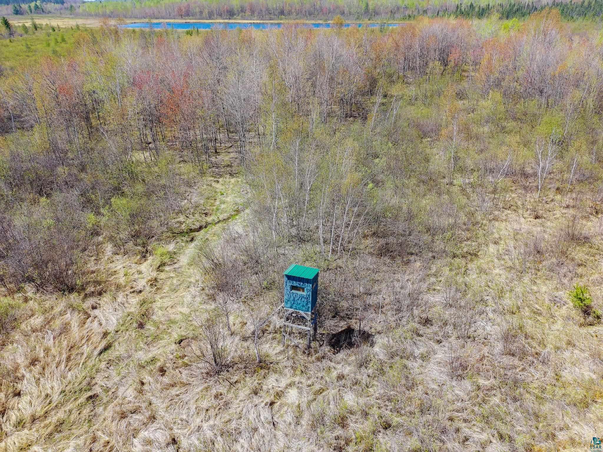 37590 Degerstrom Road Askov, MN 55704 - Photo 47 of 53 Elevated blind structure amidst varied deciduous and coniferous trees, with a body of water in the background
