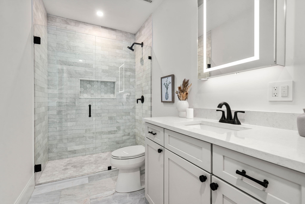 41 Waverly Street Brookline, MA 02445 - Photo 29 of 38 a bathroom with a granite countertop sink a toilet and shower