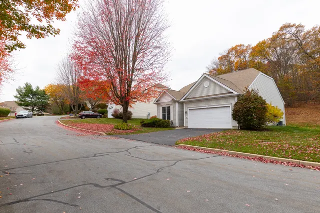 a view of a house with a yard and large trees