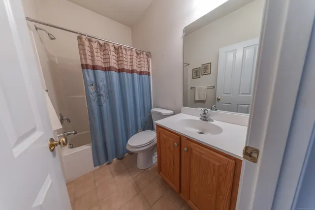 a bathroom with a sink a toilet a mirror and shower curtain