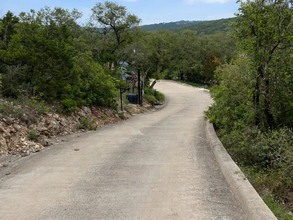a view of a road with a trees in the background