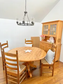 a view of a dining room with furniture