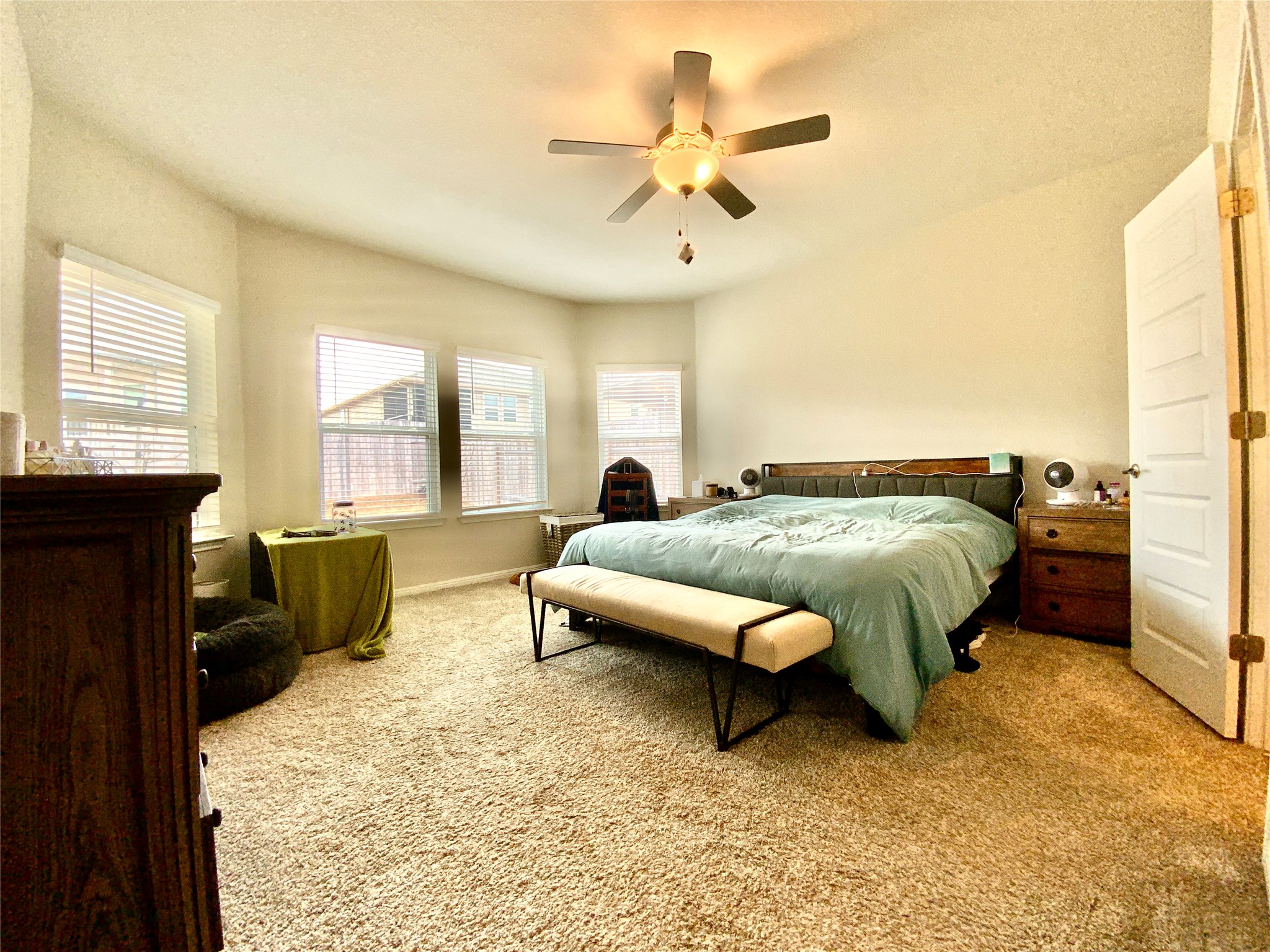 246 El Capitan Loop Dripping Springs, TX 78620 - Photo 19 of 37 Bedroom with light colored carpet and a ceiling fan