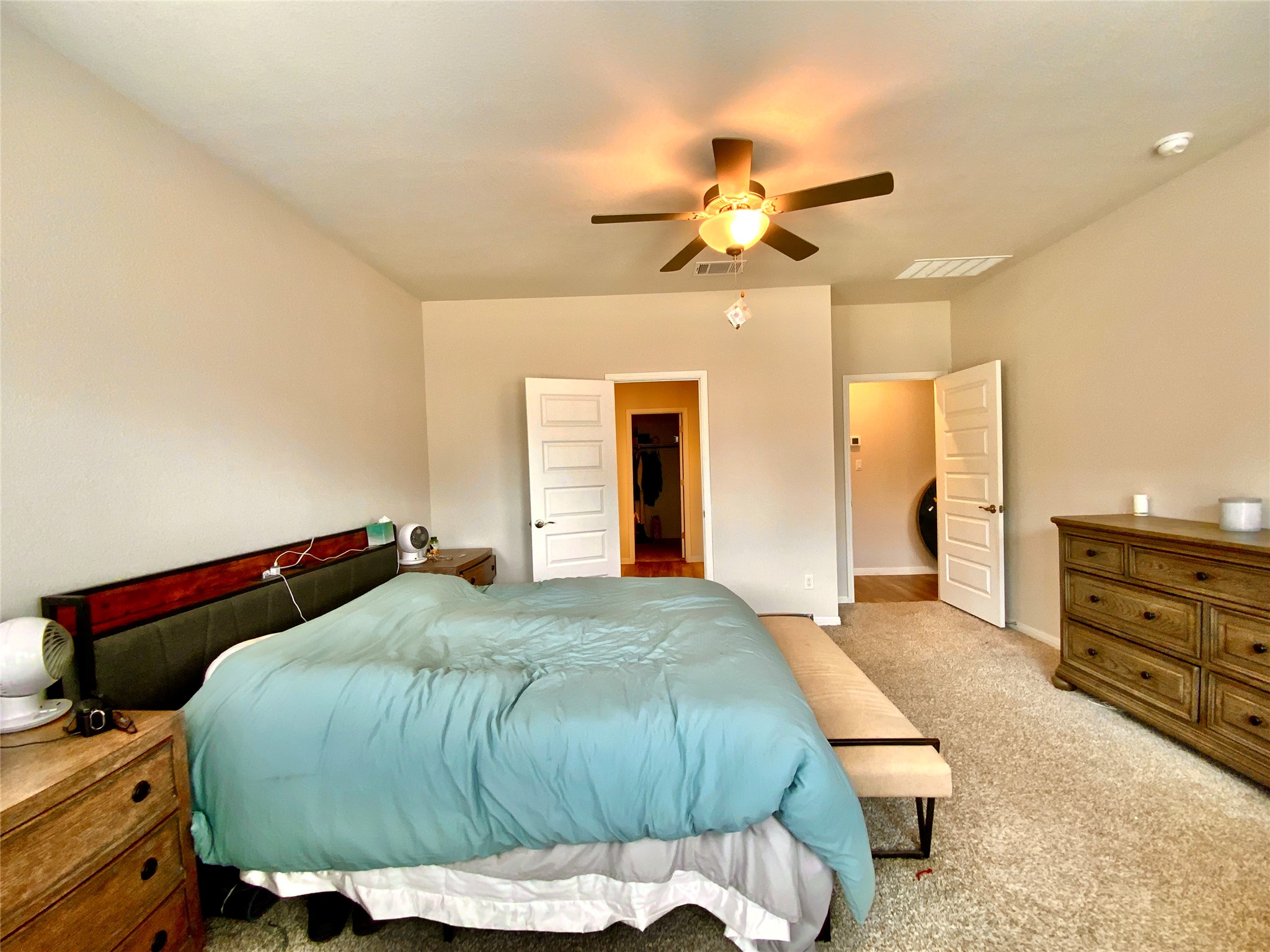 246 El Capitan Loop Dripping Springs, TX 78620 - Photo 20 of 37 Bedroom featuring light carpet and ceiling fan
