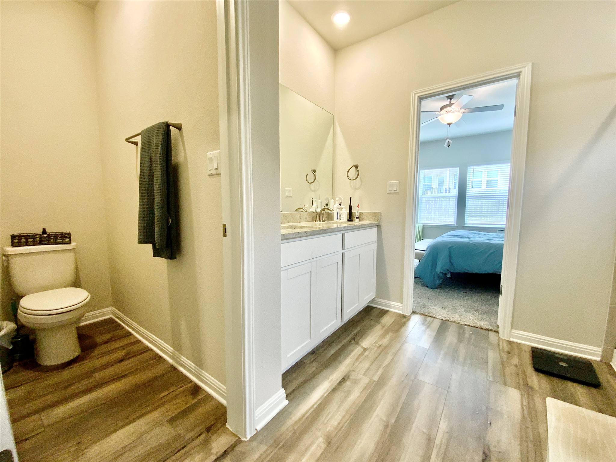 246 El Capitan Loop Dripping Springs, TX 78620 - Photo 22 of 37 Ensuite bathroom featuring vanity, light wood-style floors, and a ceiling fan