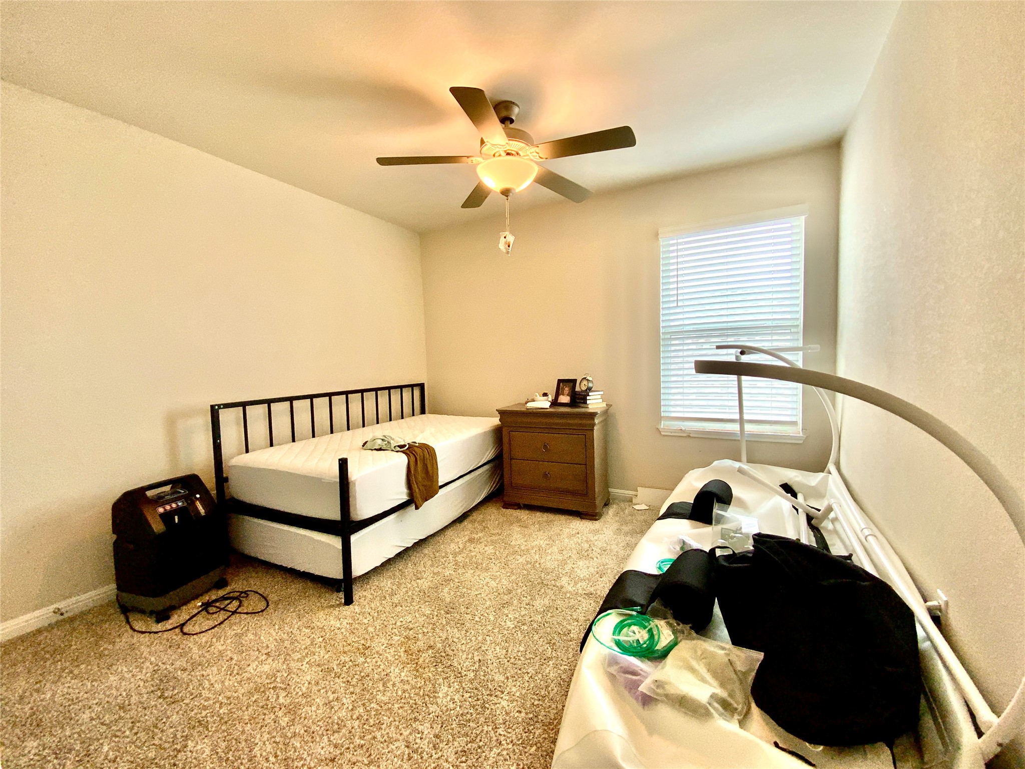 246 El Capitan Loop Dripping Springs, TX 78620 - Photo 30 of 37 Bedroom with light carpet, a ceiling fan, and a textured wall