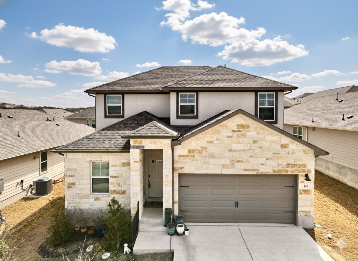 246 El Capitan Loop Dripping Springs, TX 78620 - Photo 3 of 37 View of front of house with roof with shingles, stone siding, driveway, and stucco siding