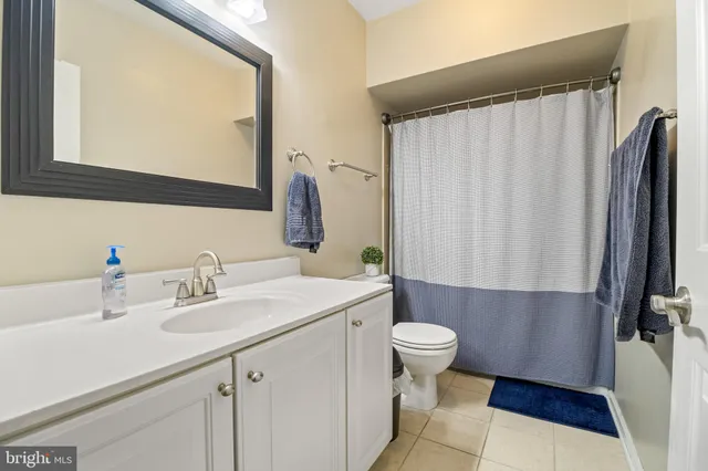 a bathroom with a sink a toilet a mirror and shower curtain