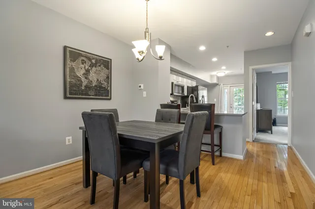 a view of a dining room with furniture