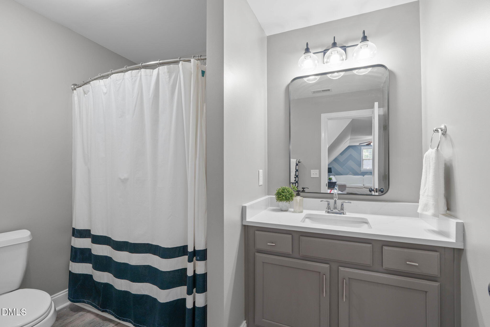 2450 Rolling Tracks Road Willow Spring, NC 27592 - Photo 44 of 64 a bathroom with a sink a toilet a mirror and shower curtain