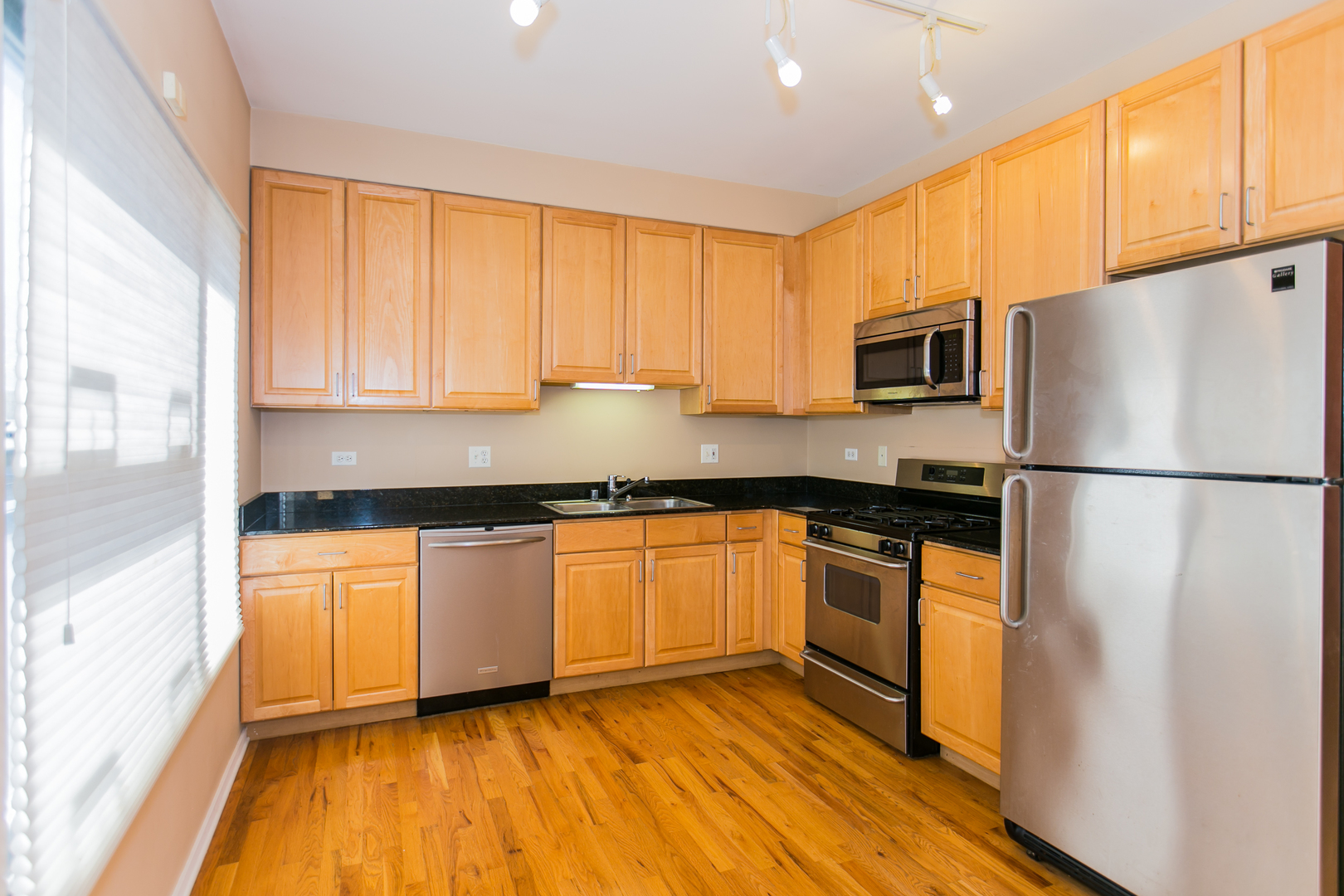 1808 South Michigan Avenue, Unit 38 Chicago, IL 60616 - Photo 7 of 18 a kitchen with granite countertop stainless steel appliances a refrigerator a stove top oven a sink and cabinets