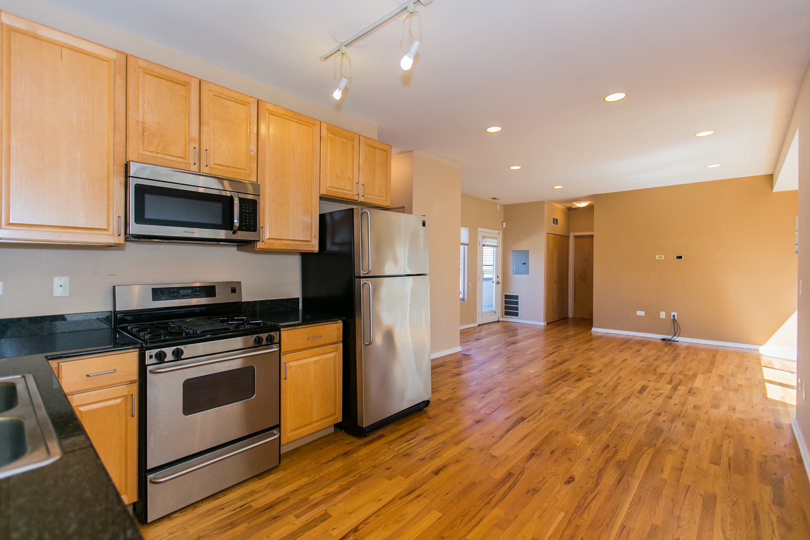 1808 South Michigan Avenue, Unit 38 Chicago, IL 60616 - Photo 8 of 18 a kitchen with stainless steel appliances granite countertop a refrigerator stove and microwave