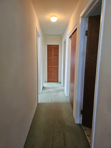 a view of a hallway with wooden floor and closet area