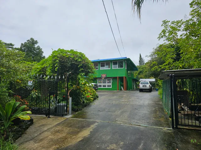 a view of a house with a yard and potted plants