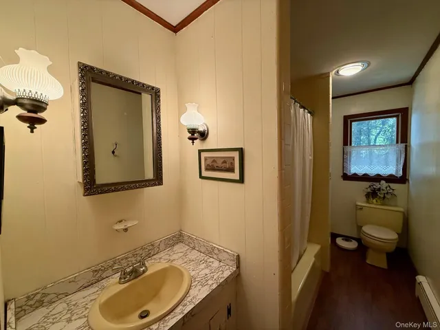 a bathroom with a sink and mirror with toilet
