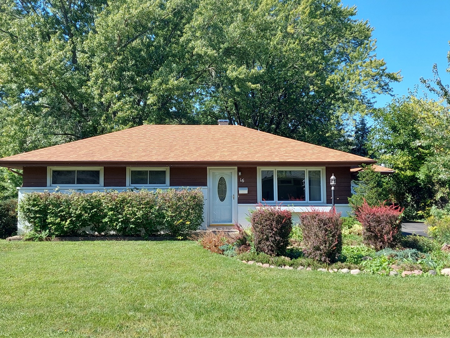a front view of house with yard and green space