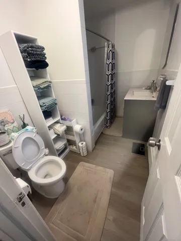 a bathroom with a sink toilet and mirror