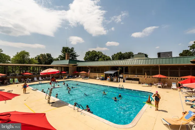 a view of a swimming pool with a patio and a garden