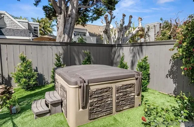 a view of a backyard with couches and plants