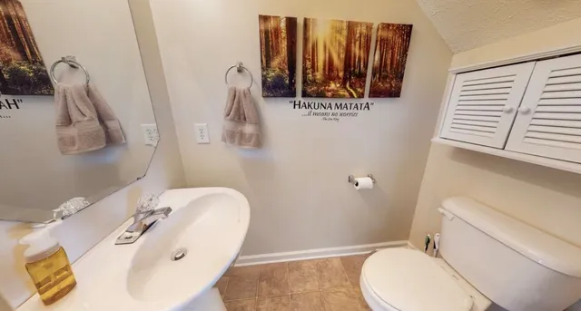 a bathroom with a sink a toilet and mirror