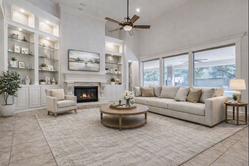 3509 Mirror Court Spring, TX 77388 - Photo 6 of 45 The spacious family room features soaring ceilings, an elegant fireplace with detailed millwork, and custom built-ins with glass shelving. A wall of expansive windows fills the space with natural light and offers clear views of the pool and backyard, creating a bright and inviting gathering area. Virtually Staged