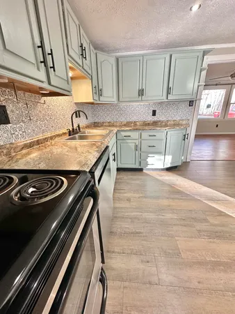 a kitchen with a stove and a sink