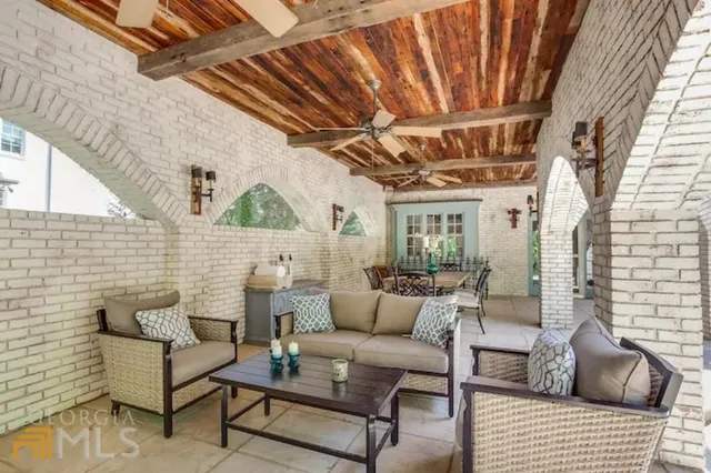 a building outdoor space with patio furniture