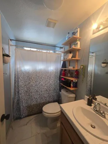 a bathroom with a sink toilet and shower