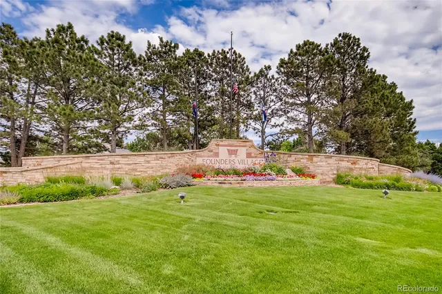 a view of a field with large trees