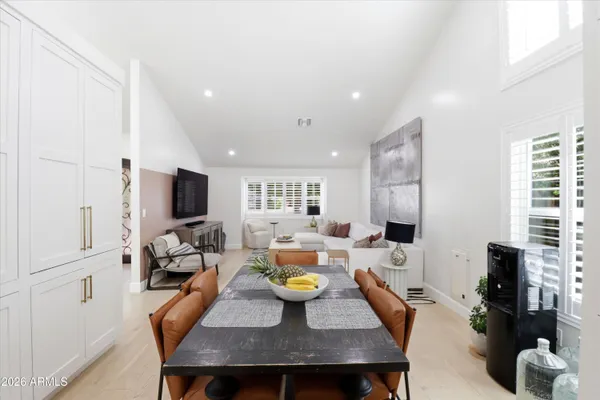a view of a dining room with furniture