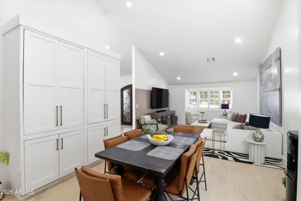 a view of a dining room with furniture