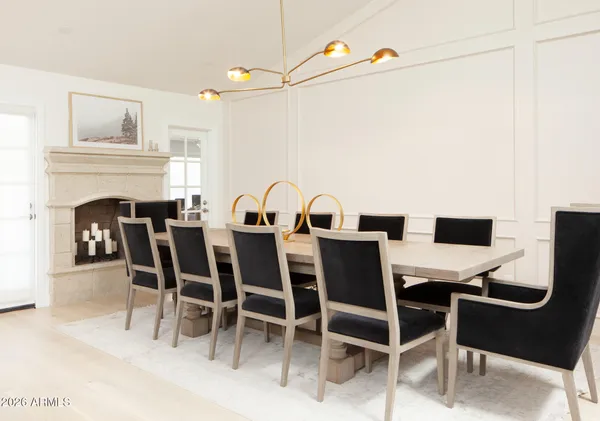 a view of a dining room with furniture