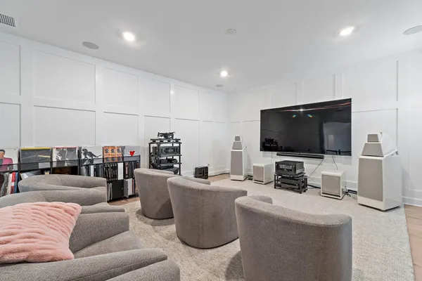 an aerial view of a house with a garden