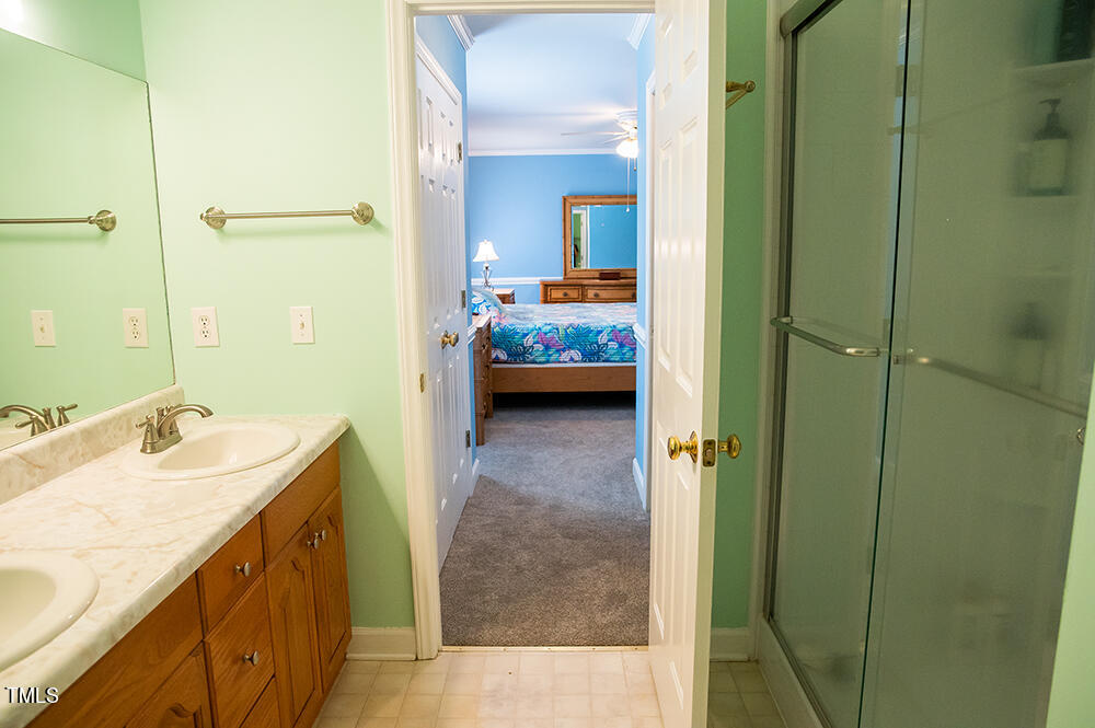 46 Beaver Crossing Road Roxboro, NC 27574 - Photo 26 of 50 a en suite bathroom with a sink a mirror and a shower