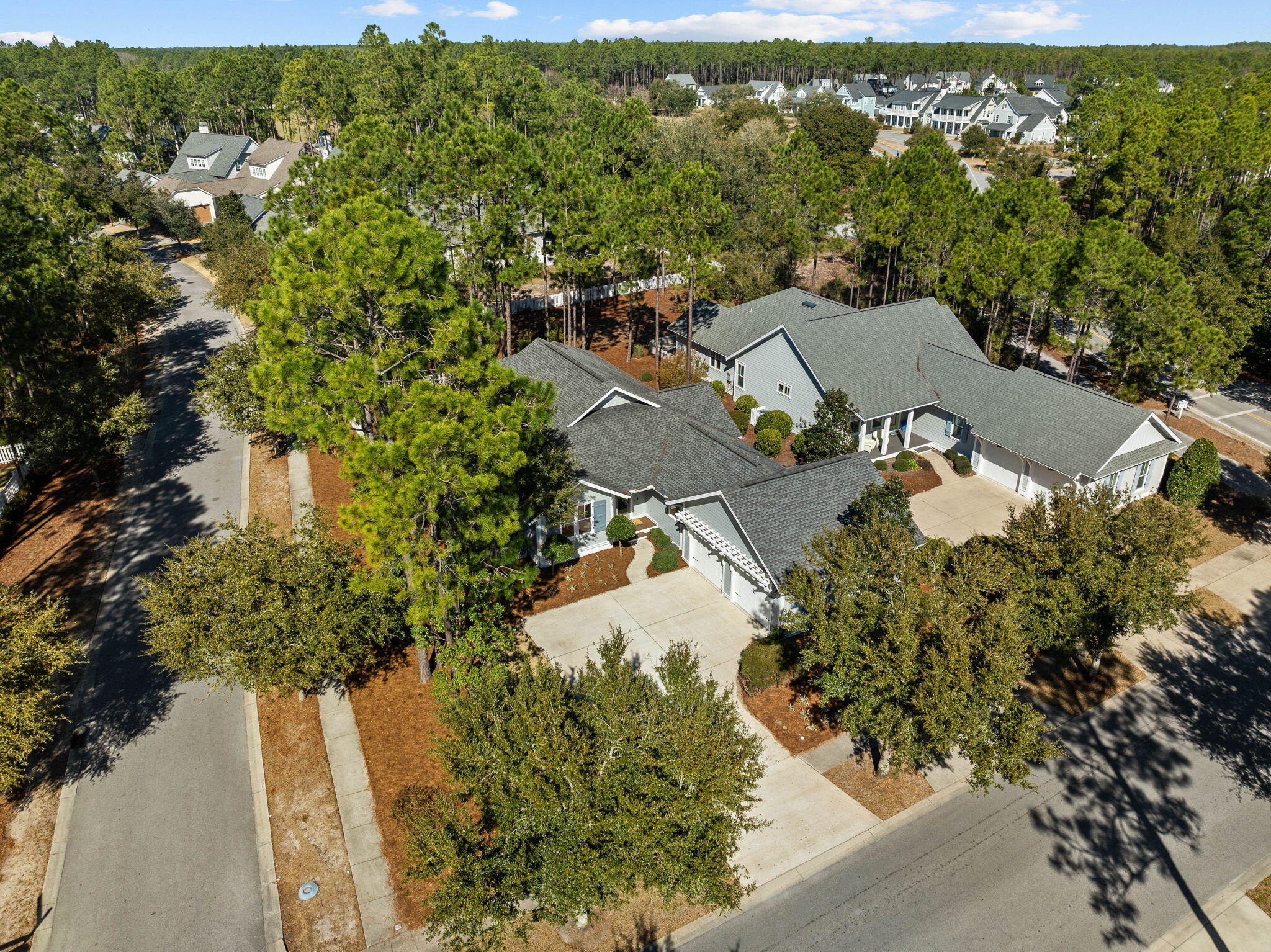 an aerial view of residential houses with outdoor space