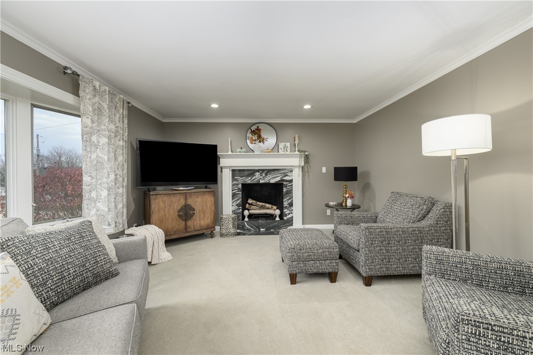 5304 Sibila Road Northwest Canton, OH 44718 - Photo 14 of 29 Carpeted living room with ornamental molding and a premium fireplace
