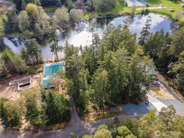 a aerial view of a house with a yard and lake view