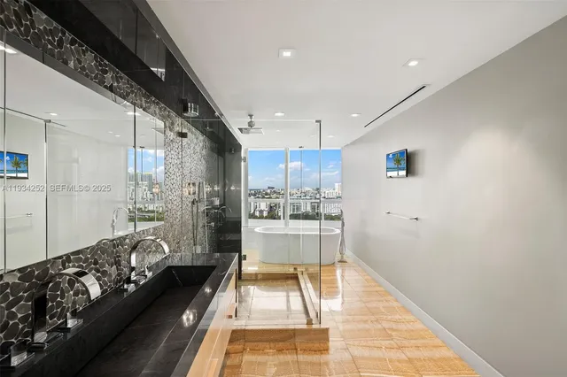 a bathroom with a bathtub and a shower
