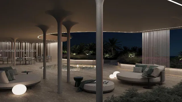 a living room with furniture and a lamp